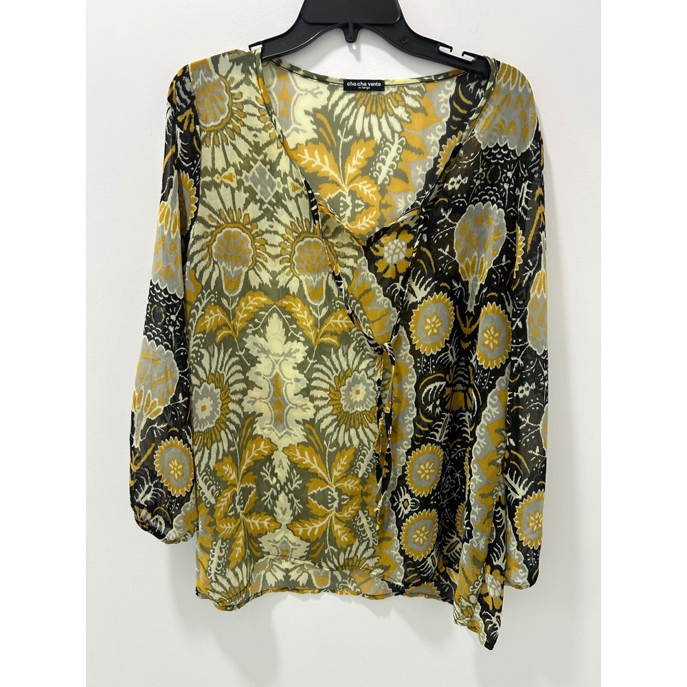 Cha Cha Vente Womens XL Sheer Floral Damask Blouse Mustard Yellow Black Tie Neck